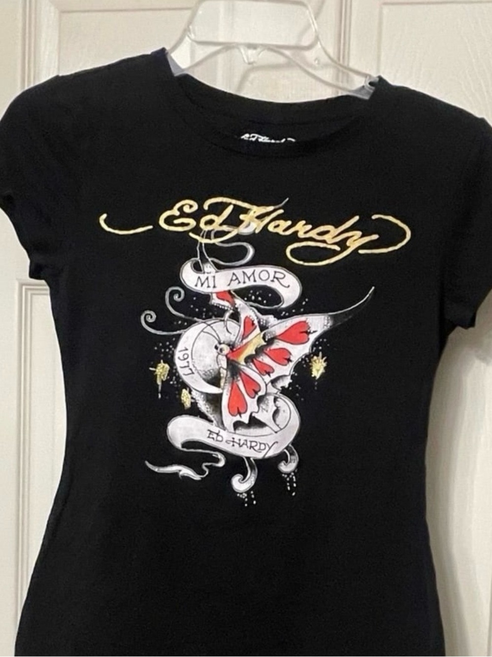 Ed Hardy Women's Black Graphic Dress with Red Accent Butterfly Small